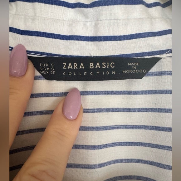 ZARA Blue & White Button-Down Shirt w/ Peplum Back & Pearl Sleeve Accents – S - Picture 7 of 17